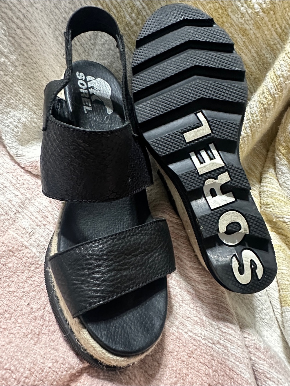Sorel Black Leather Platform Slingback Sandals 7.5